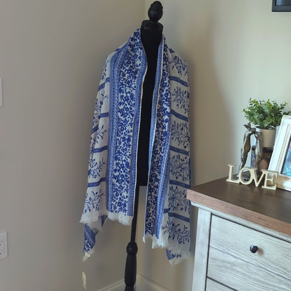 Lucky Brand White Blue Embroidered Scarf Wrap NWT